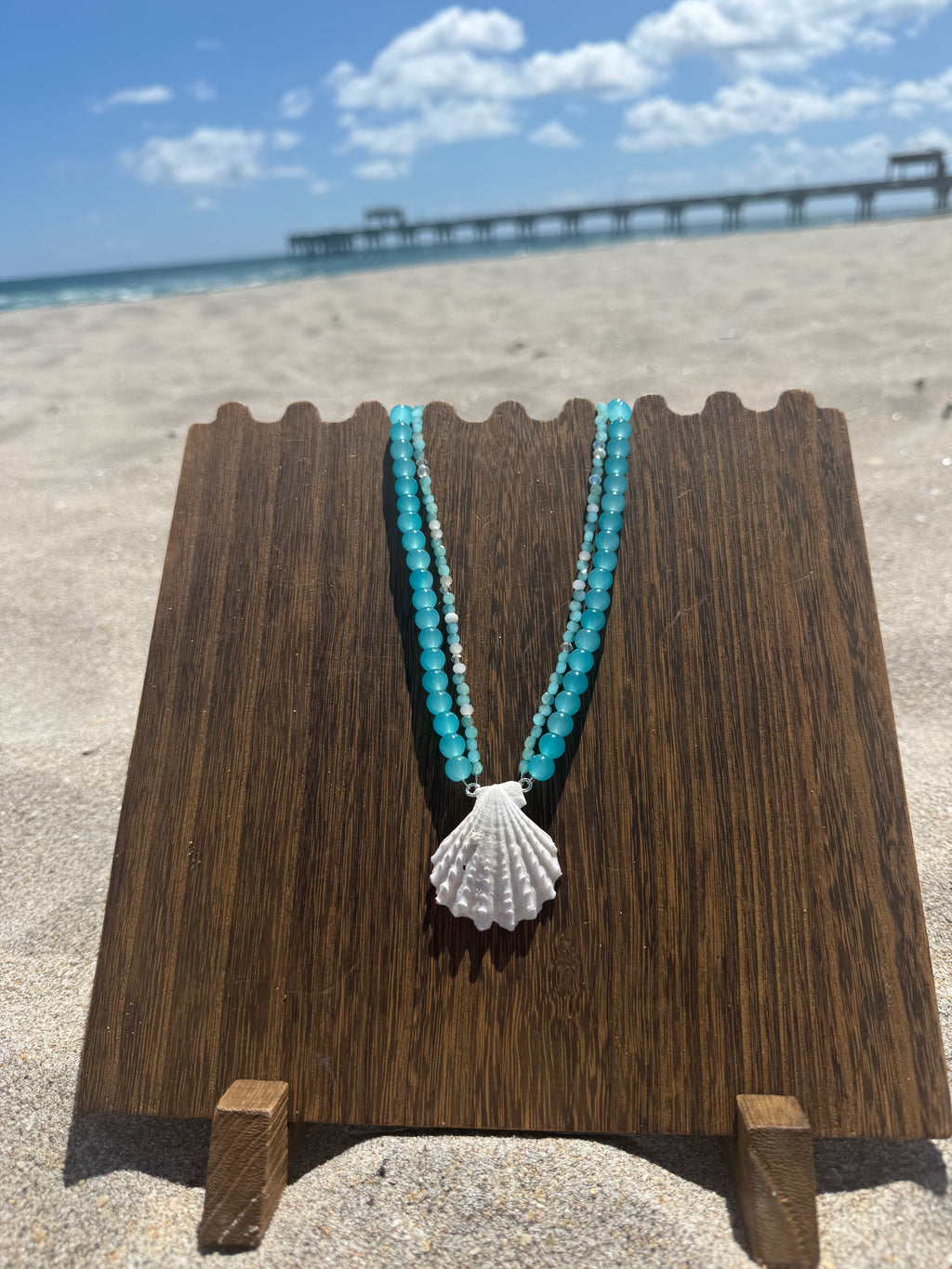 Aqua Blue Double Layered Beaded Seashell Necklace
